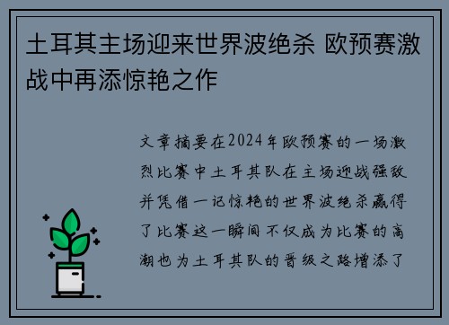 土耳其主场迎来世界波绝杀 欧预赛激战中再添惊艳之作