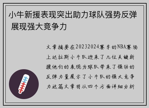小牛新援表现突出助力球队强势反弹 展现强大竞争力