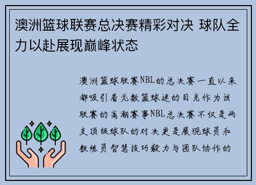 澳洲篮球联赛总决赛精彩对决 球队全力以赴展现巅峰状态