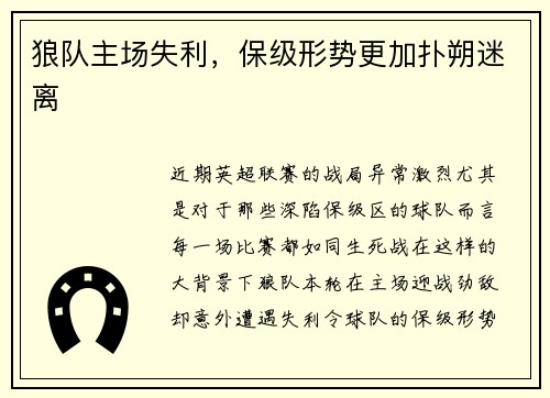 狼队主场失利，保级形势更加扑朔迷离