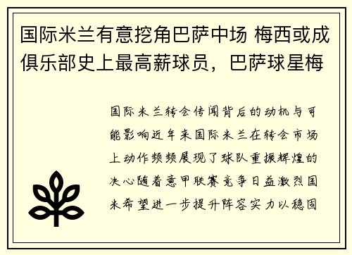 国际米兰有意挖角巴萨中场 梅西或成俱乐部史上最高薪球员，巴萨球星梅西
