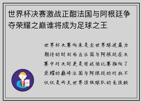 世界杯决赛激战正酣法国与阿根廷争夺荣耀之巅谁将成为足球之王