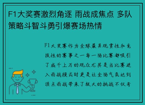 F1大奖赛激烈角逐 雨战成焦点 多队策略斗智斗勇引爆赛场热情